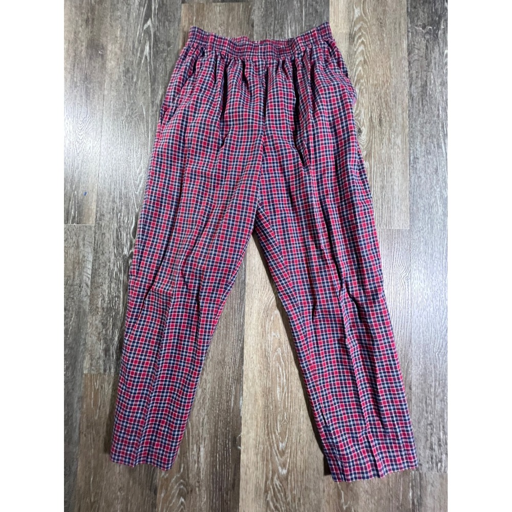 Jantzen Plaid Pants Womens 12 Petite Red Navy Elastic Waist Straight Trousers